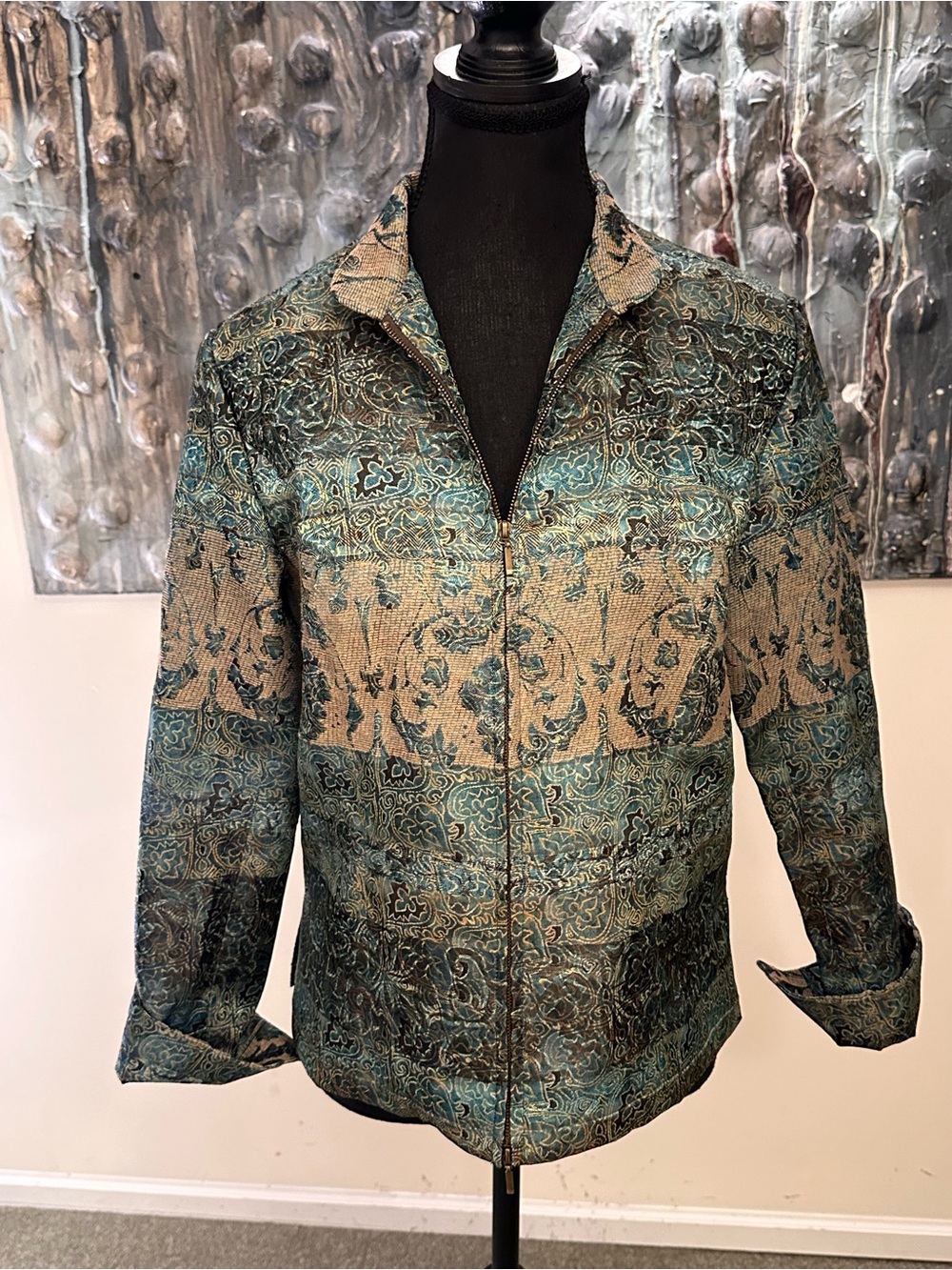 ⭐️ Vintage ish Coldwater Creek XS Woven Teal Tapestry Lined Zip Jacket